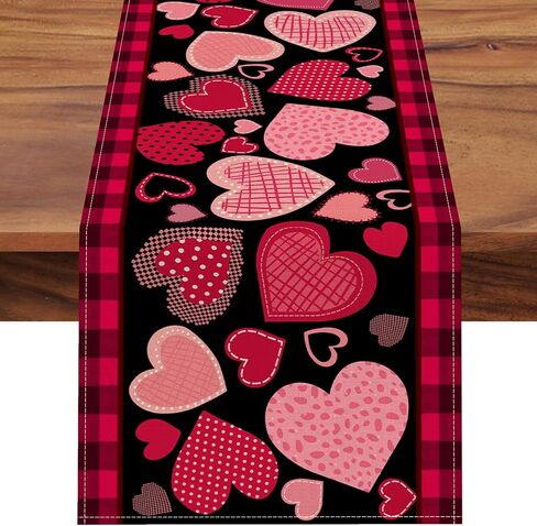Seliem Valentine's Day Pink Black Love Heart Table Runner, Red Buffalo Plaid Check Polka Dot Stripe Scarf Home Kitchen Decor, Wedding Anniversary Farmhouse Burlap Dining Decoration Party Supply 13X72 in Kuwait
