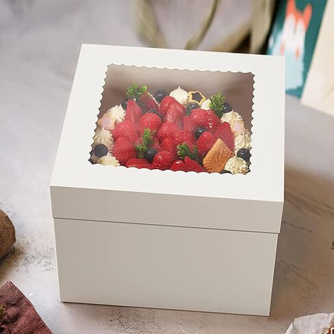 YYaaloa 10x10x5 Cake Boxes 10pcs 10 Inch with Window Clear Bakery Dessert Box Square White Disposable Bakery Box for Cakes Pastries Chocolates Cookies Pie Birthday Party Wedding (10x10x5 inch-10pcs) in Kuwait