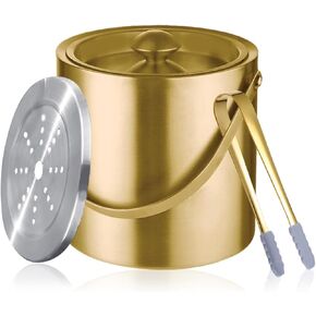 Gold Ice Bucket with Lid, Handle and Tong Insulated Stainless Steel Champagne Bucket 3L Wine Bucket for Party Bar Cart Accessories Large Double Wall Bucket Keep Frozen