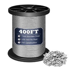 316 Stainless Steel Cable, 400FT 1/32IN Wire Rope with 100Pcs Aluminum Crimping Sleeves for Garden Decoration, Hanging Wire, Trellis Wire, Easy to Install