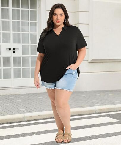 RITERA Plus Size Tops for Womens Polo Shirt Zipper Tshirt Office Business V Neck Tunic Work Blouses Dressy Collared Clothes in Kuwait