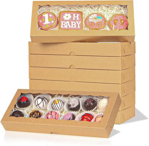 24pcs 12x5x1.5 Inch Borwn Cookies Boxes. with Window Bakery Boxes Macaron Boxes Chocolate Truffle Boxes Donut Treat Boxes Cakesickle Boxes for Christmas Valentine's Easter Mother's Day in Kuwait