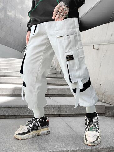 Men's Jogger Pants Punk Cargo Baggy Techwear Hip Hop Harem Pants Streetwear Tactical Track Pants Black White in Kuwait