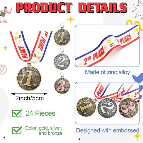 24 Pcs Metal Round Award Medals 2 Inches Gold Silver Bronze Prizes with Neck Ribbon 1st 2nd 3rd Place Medals for Awards Winner Trophy Award for Sports Competitions Party in Kuwait