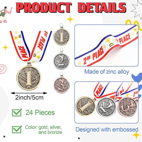 24 Pcs Metal Round Award Medals 2 Inches Gold Silver Bronze Prizes with Neck Ribbon 1st 2nd 3rd Place Medals for Awards Winner Trophy Award for Sports Competitions Party in Kuwait