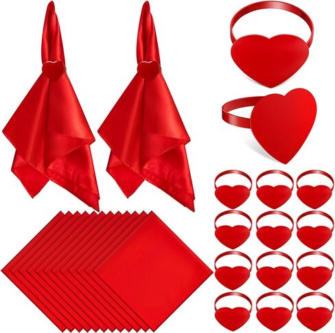 12 Set Valentine's Day Cloth Napkin and Napkin Rings Set Heart Napkin Rings 18 x 18 Inch Red Reusable Napkins Cloth for Valentine Day Wedding Dinner Party Table Decoration in Kuwait