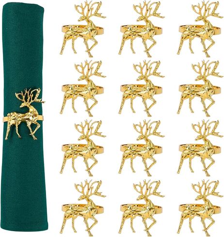 Christmas Napkin Rings Set of 12,Xmas Silver Deer Napkin Ring Set,Reindeer Napkin Buckles Holders for Christmas,Thanksgiving,Harvest,Dinner Party,Birthday,Table Decoration in Kuwait