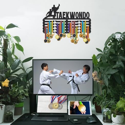 SUPERDANT Waterpolo Medal Hanger Display Man Sports Medal Holder 5 Rows 20 Hangers Wall Mount Medals Hanging Hooks Matte Black Metal Display Rack Iron Race Ribbon Award Organizer for Athletes in Kuwait