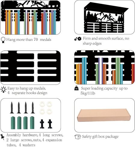 CREATCABIN Cheerleader Medal Hanger Display Trophy Shelf Cheerlead Medal Holder with Shelf Stand Sports 4 Rows Metal Hanging Wall Mount Frame Hold 70+ Medals for Competition Medals Rack 15.7x7.9Inch in Kuwait