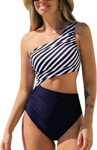 CUPSHE Women's One Piece Swimsuit One Shoulder Color Block Side Cutout Ruched Bathing Suit in Saudi Arabia