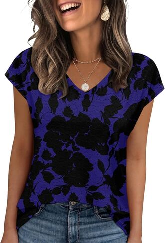 Zeagoo 2024 Women's Tank Top V Neck Eyelet T Shirts Cap Sleeve Tops Loose Fit Blouses Dressy Casual Summer Basic Shirts in Kuwait