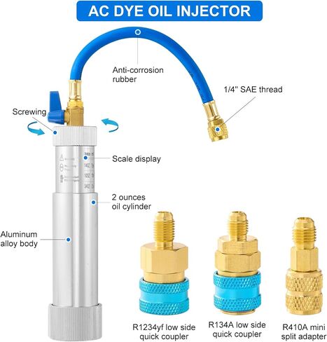 AC Oil Injector Kit for R1234YF R134A R410A, AC Dye Oil Injector Kit with 1/4" SAE Connector, R1234YF R134A Low Side Quick Coupler, R410 Mini Split Adapter, R1234YF Dye Injector for HVAC System in Saudi Arabia