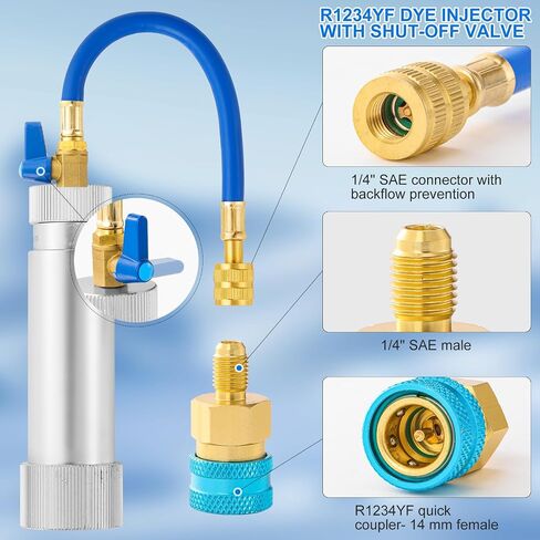 AC Oil Injector Kit for R1234YF R134A R410A, AC Dye Oil Injector Kit with 1/4" SAE Connector, R1234YF R134A Low Side Quick Coupler, R410 Mini Split Adapter, R1234YF Dye Injector for HVAC System in Saudi Arabia
