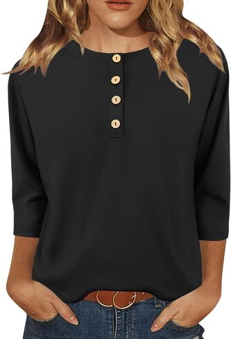 قمصان نسائية كاجوال بأكمام 3/4 وياقة دائرية وبلوزات كاجوال فضفاضة وقمصان مطبوعة بالزهور in Kuwait