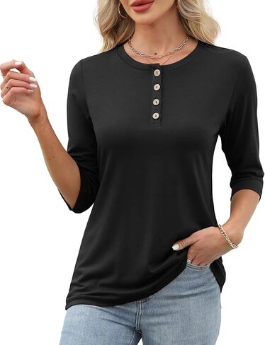 قمصان نسائية كاجوال بأكمام 3/4 وياقة دائرية وبلوزات كاجوال فضفاضة وقمصان مطبوعة بالزهور in Kuwait