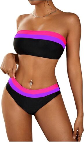 SweatyRocks Women's Strapless Triangle Bikini Set Two Piece Bandeau Swimsuit Color Block Mid Waist Bathing Suits Swimwear in Kuwait