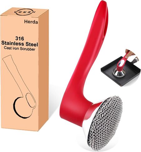 Cast Iron Scrubber with Good Grip Handle- Welded Fine Chain Mail Scrubber Cast Iron Brush- Metal Chainmail Scrubber Cast Iron Cleaner to Clean Cast Iron Skillet, Dishes, Griddle, Wok, Dutch Oven in Kuwait