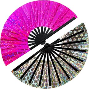 PRARIO Silver Laser Colors Hand Fan,Clack Handheld Fan,Large Folding Hand Rave Fan for Festivals,Halloween,Rainbow Outfits,Disco Party,Burlesque,Drag Queen for Rave Accessories and Home Decoration in Kuwait