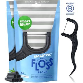 SmartLifeco Biodegholable Floss Floss - خيط خيط الفحم للبالغين ، وجميع تبييض الأسنان الطبيعية ، ومقبض القمح القش الصديق للبيئة ، وعصا مسواك على اللثة ، و Zero Exted Vegan ، 100x