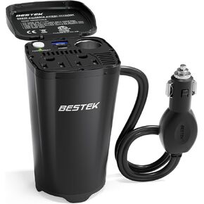 Bestek 200W عاكس طاقة السيارة، محول منفذ محول قابس السيارة مع منفذي تيار متردد، منافذ شحن USB مزدوجة 4.5 أمبير، عاكس سيارة حامل الأكواب مع مقبس ولاعة السجائر للكمبيوتر المحمول والكمبيوتر (أحمر كولا)