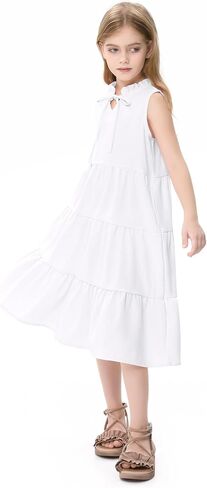 GERU Girls' Sleeveless Ruffle Dress Fungus Collar Bow A-Line Dress Flow Cute Midi Dresses 3-12 Years in Kuwait