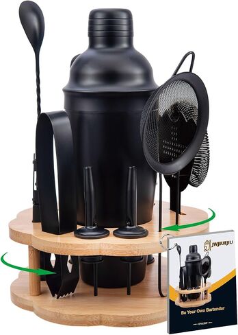 Cocktail Shaker Set Bartender Kit with Rotating Bamboo Stand,11 Piece Bar Set Stainless Steel Bar Tools Set with Recipes Booklet (Gold) in Saudi Arabia