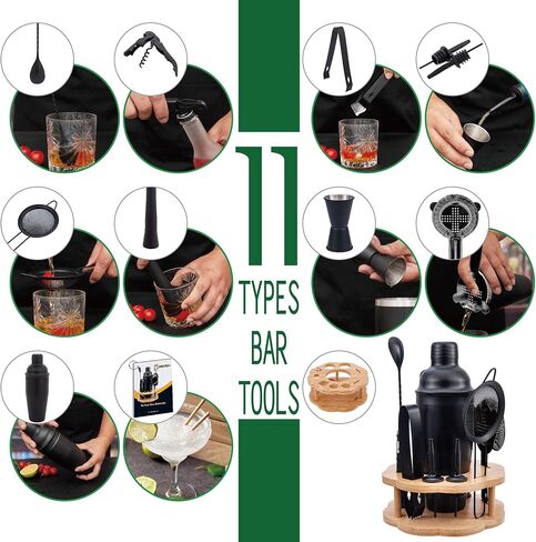 Cocktail Shaker Set Bartender Kit with Rotating Bamboo Stand,11 Piece Bar Set Stainless Steel Bar Tools Set with Recipes Booklet (Gold) in Saudi Arabia