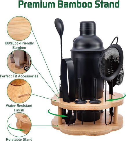 Cocktail Shaker Set Bartender Kit with Rotating Bamboo Stand,11 Piece Bar Set Stainless Steel Bar Tools Set with Recipes Booklet (Gold) in Saudi Arabia