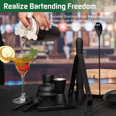 Cocktail Shaker Set Bartender Kit with Rotating Bamboo Stand,11 Piece Bar Set Stainless Steel Bar Tools Set with Recipes Booklet (Gold) in Saudi Arabia