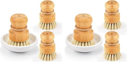 Subekyu Bamboo Dish Scrub ، فرش فرك المطبخ الخشبي تنظيف أجهزة تنظيف مجموعة لغسل أحواض/أواني من الحديد الزهر ، مجموعة من 2 in Kuwait