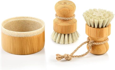 Subekyu Bamboo Dish Scrub ، فرش فرك المطبخ الخشبي تنظيف أجهزة تنظيف مجموعة لغسل أحواض/أواني من الحديد الزهر ، مجموعة من 2 in Kuwait