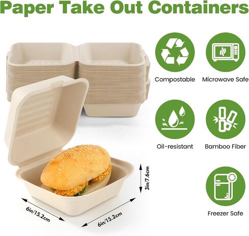 30 Pack Clamshell Take Out Food Containers,6X6 Inch 100% Compostable Disposable To Go Containers,To Go Boxes With Lids for Hamburger Sandwiches Chips in Kuwait