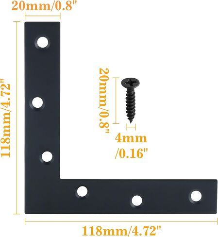 T Flat Brackets,Corner Bracket Black Corner Brace Mending Plate Repair 120mmX120mm Stainless Steel Flat Braces for Wood Tables, Chairs, Sofas, Beds, Cabinets, Doors and Windows,Pack of 10 in Saudi Arabia