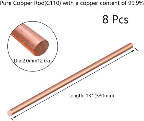 Pure Copper Round Rod 1/4" Dia(6.35mm),13" Length 99.9% Solid Copper Rod,Used for Metal Working and Metal DIY Process(1/4x13inch,2 Pcs) in Kuwait
