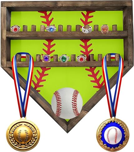 Baseball Championship Ring Display Case, Softball Football Basketball Ring Holder Wood, 24 Ring Posts, Sports Medal Wall Mount Display Box for Men Boy (Yellow) in Saudi Arabia