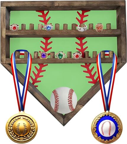 Baseball Championship Ring Display Case, Softball Football Basketball Ring Holder Wood, 24 Ring Posts, Sports Medal Wall Mount Display Box for Men Boy (Yellow) in Saudi Arabia