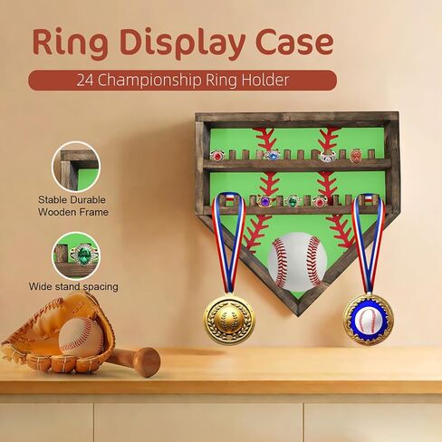 Baseball Championship Ring Display Case, Softball Football Basketball Ring Holder Wood, 24 Ring Posts, Sports Medal Wall Mount Display Box for Men Boy (Yellow) in Saudi Arabia