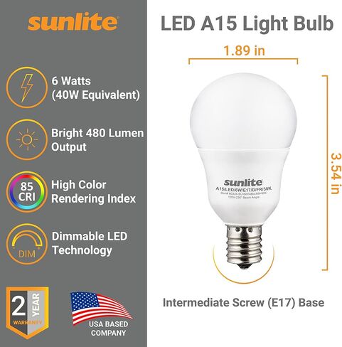 Sunlite A15 E17 LED لمبة LED ، مصابيح كهربائية أساسية متوسطة ، 6 واط (ما يعادل 40 واط) ، 480 لومينات ، قابلة للضايق ، لمروحة السقف ، وتجهيزات الإضاءة ، اللمسات الأخيرة ، المدرجة في ETL ، 6 عدد ، 2700 كيلو أبيض ناعم in Kuwait