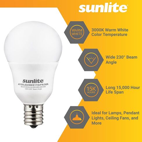 Sunlite A15 E17 LED لمبة LED ، مصابيح كهربائية أساسية متوسطة ، 6 واط (ما يعادل 40 واط) ، 480 لومينات ، قابلة للضايق ، لمروحة السقف ، وتجهيزات الإضاءة ، اللمسات الأخيرة ، المدرجة في ETL ، 6 عدد ، 2700 كيلو أبيض ناعم in Kuwait