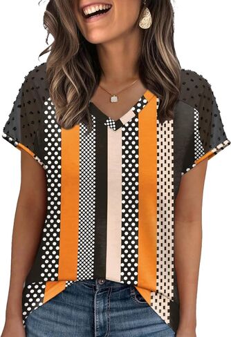 WIHOLL Summer Tops for Women V Neck T-Shirts Swiss Dot Short Sleeve Shirts Casual Fashion Blouses in Kuwait