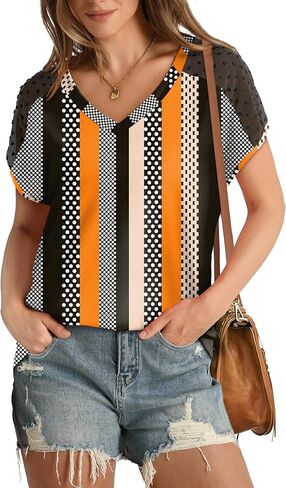 WIHOLL Summer Tops for Women V Neck T-Shirts Swiss Dot Short Sleeve Shirts Casual Fashion Blouses in Kuwait