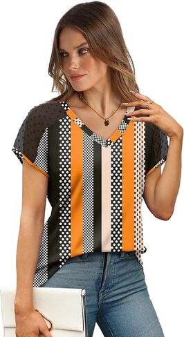 WIHOLL Summer Tops for Women V Neck T-Shirts Swiss Dot Short Sleeve Shirts Casual Fashion Blouses in Kuwait