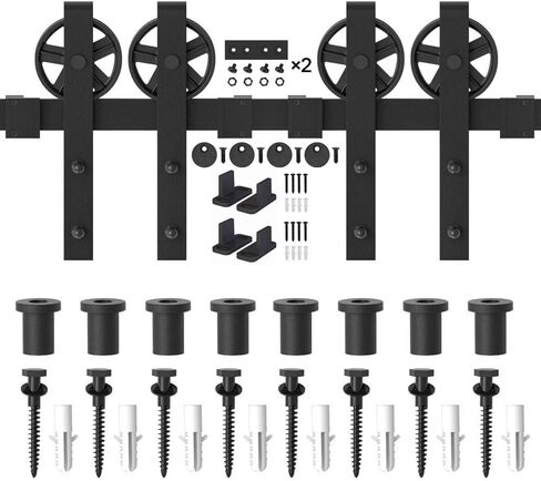 Winsoon 12ft الخشب مزدوج الانزلاق أجهزة الباب الأسود الكبير الكبرى مجموعة العجلة مجموعة ， 5-18 قدم للاختيار in Kuwait