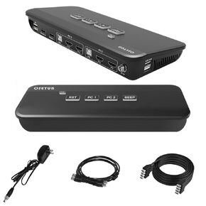شاشة مزدوجة 4 × 2 HDMI KVM، مفتاح مشاركة محيطي للوحة مفاتيح KVM ولوحة مفاتيح وماوس فيديو مع محورين USB 2.0، يدعم مفتاح التشغيل السريع لجهازي كمبيوتر وشاشتين