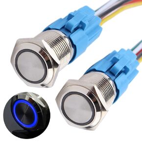 2PCS 22 مم زر الضغط على زر التبديل مقاوم للماء 12V-24V LED 1NO 1NC قفل الذات على/إيقاف الجولة المعدنية 7/8 '' ثقب التثبيت مع قابس السلك (IP66 ، LED أحمر)