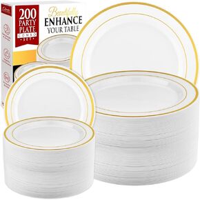 Prestee 200pc لوحات بلاستيكية ذهبية - 100 لوحات عشاء و 100 لوحات سلطة ، أبيض + لوحات الحفلات الذهب التي يمكن التخلص منها - الحلوى ، الشهية ، عطلة ، لوحات الزفاف
