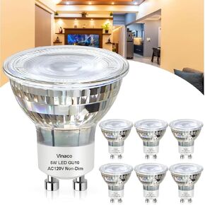 Vinaco LED LED خالية من المصباح GU10 GU10 ، 6pcs طويلة الأمد MR16 GU10 LED LED 5000K ضوء النهار الأبيض ، 450LM GU10 لمبة LED غير قابلة للضايق 5W (ما يعادل 50W) GU10 المصباح الكهربائي LED للمسار المريح الإضاءة