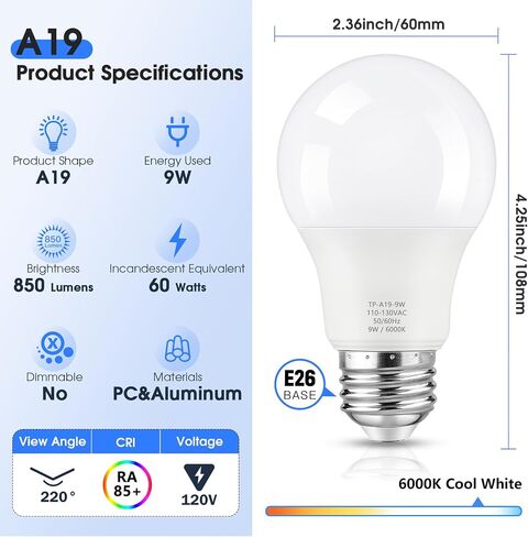 24 عبوة A19 مصابيح LED LED ، لمبة LED مكافئة 60 واط ، مصباح LED White White 5000k ، E26 ، 850 Lumen ، غير قابل للضوء ، مصباح أبيض مشرق 9W in Kuwait