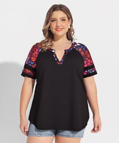 CARCOS بلوزات حجم كبير للنساء كم قصير الصيف البلوز اللون كتلة Crewneck/V الرقبة تي شيرت تونك فضفاضة تناسب بلايز XL-5XL in Kuwait