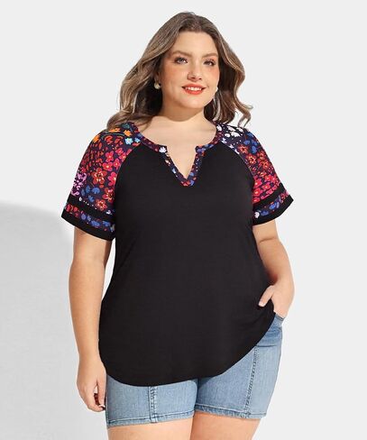 CARCOS بلوزات حجم كبير للنساء كم قصير الصيف البلوز اللون كتلة Crewneck/V الرقبة تي شيرت تونك فضفاضة تناسب بلايز XL-5XL in Kuwait